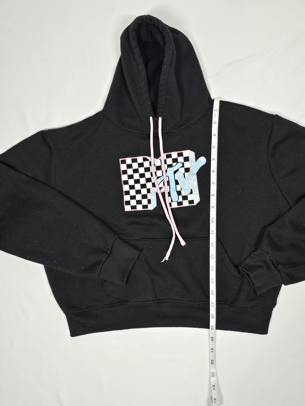 MTV Retro Logo Cropped Black Hoodie Sweatshirt Size S - Picture 4 of 7